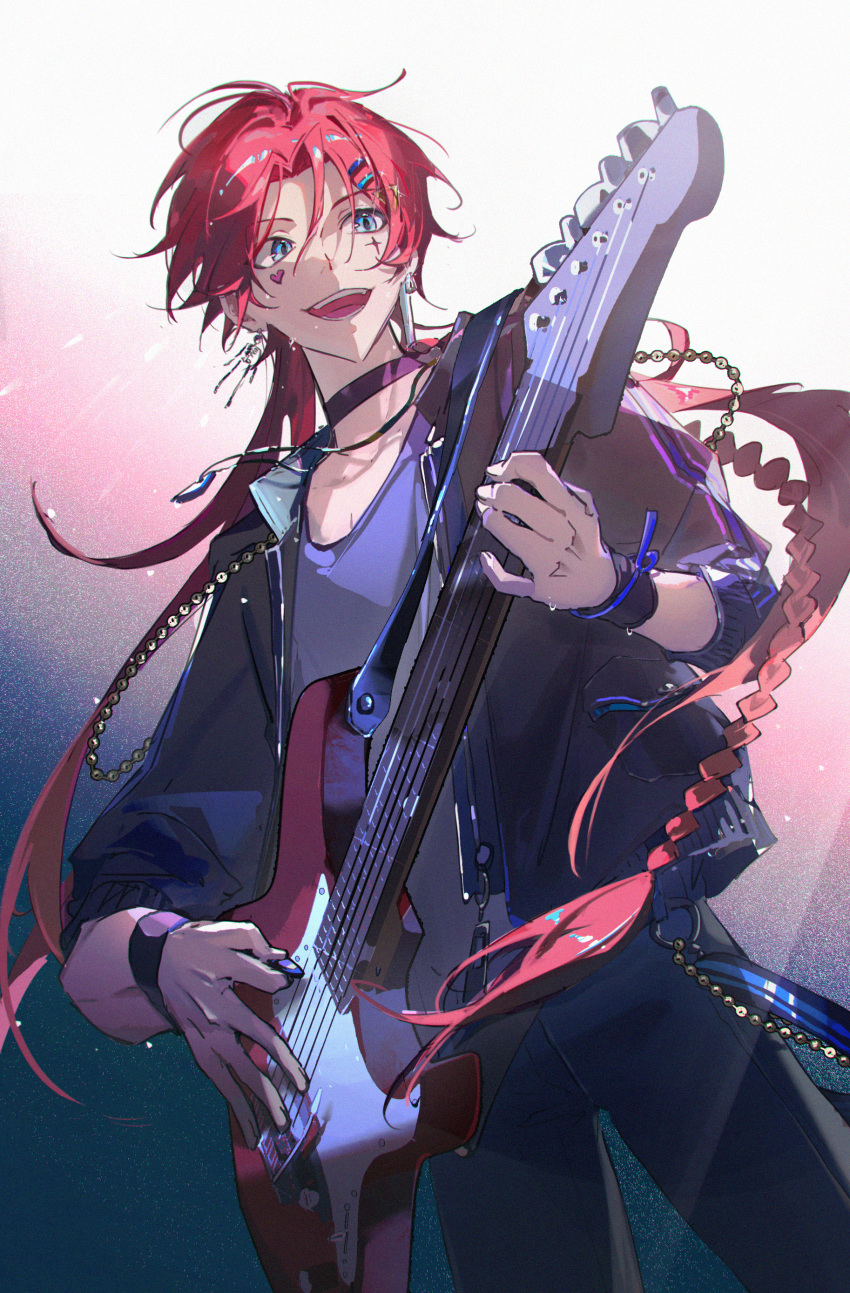 1boy, absurdres, black_choker, black_jacket, braid, choker, cowboy_shot, electric_guitar, facial_mark, guitar, hair_ornament, hairclip, heart, heart_facial_mark, highres, holding, holding_plectrum, instrument, jacket, long_hair, male_focus, migan, military, music, open_clothes, open_jacket, open_mouth, original, parted_bangs, playing_guitar, playing_instrument, plectrum, red_hair, smile, solo