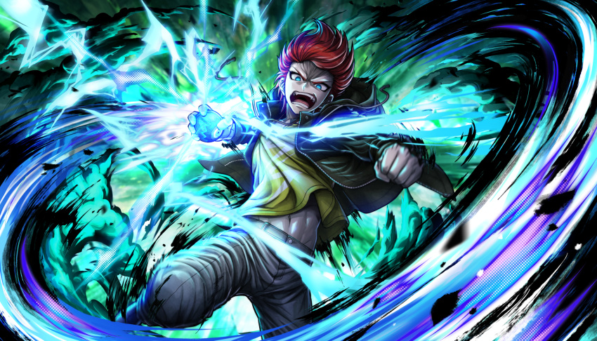 1boy, ball, blue_eyes, clenched_hand, furrowed_brow, green_background, green_jacket, green_shirt, grey_pants, highres, holding, holding_ball, jacket, leg_up, lightning, male_focus, midriff_peek, navel, non-web_source, official_art, open_mouth, pants, red_hair, shirt, shouting, solo, taiga_(tribe_nine), toned, toned_male, tribe_nine, v-shaped_eyebrows