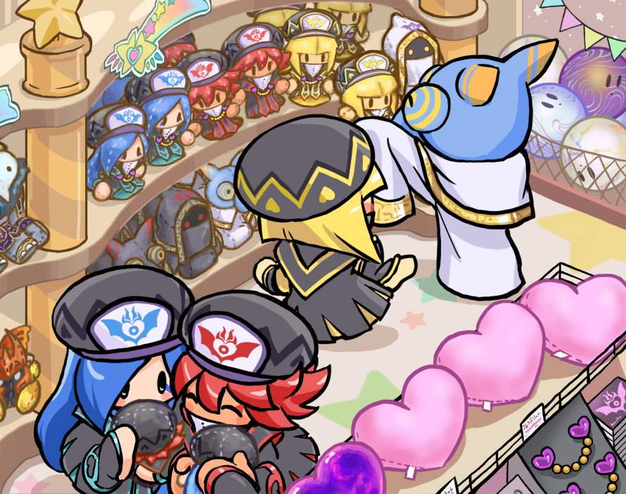 3girls, black_hat, blonde_hair, blue_hair, corrupt_hyness, flamberge_(kirby), francisca_(kirby), hat, heart, hosikuzubosi_(avvf2277), hyness, indoors, jamba_heart, kirby_(series), kirby_star_allies, morpho_knight, multiple_girls, red_hair, shelf, star_(symbol), stuffed_toy, void_(kirby), void_soul, void_termina, void_termina_(demon_god_form), void_termina_(final_core), zan_partizanne