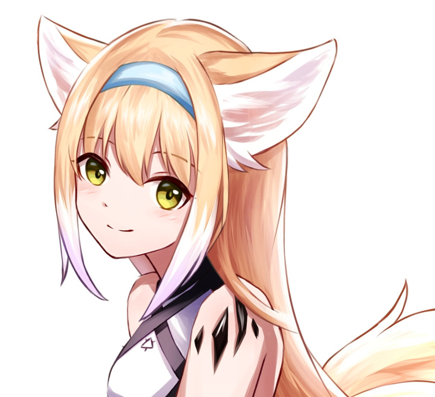 1girl, aged_up, animal_ears, arknights, bare_shoulders, blonde_hair, blue_hairband, closed_mouth