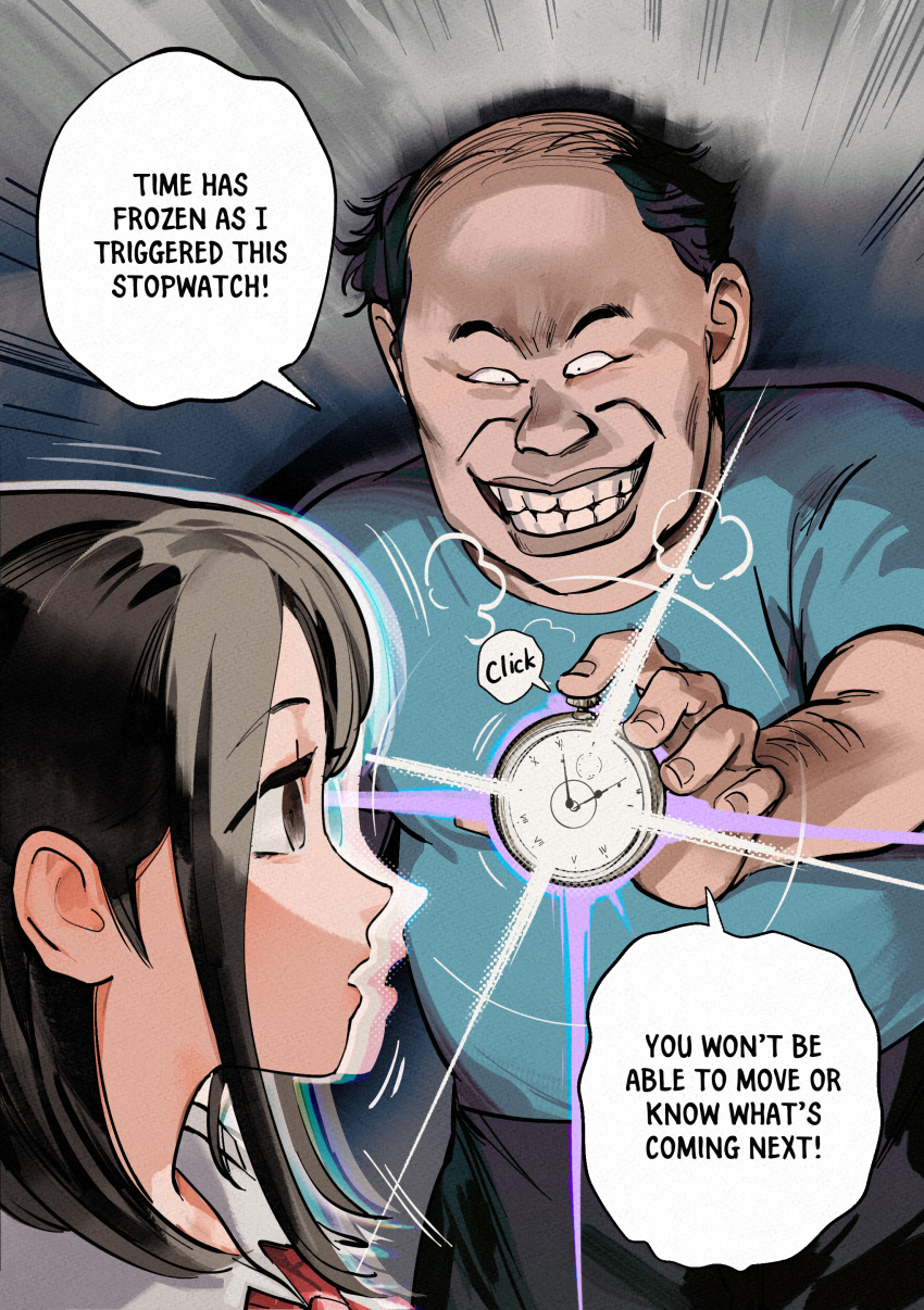 1boy, 1girl, absurdres, age_difference, bald, black_hair, black_pants, blue_shirt