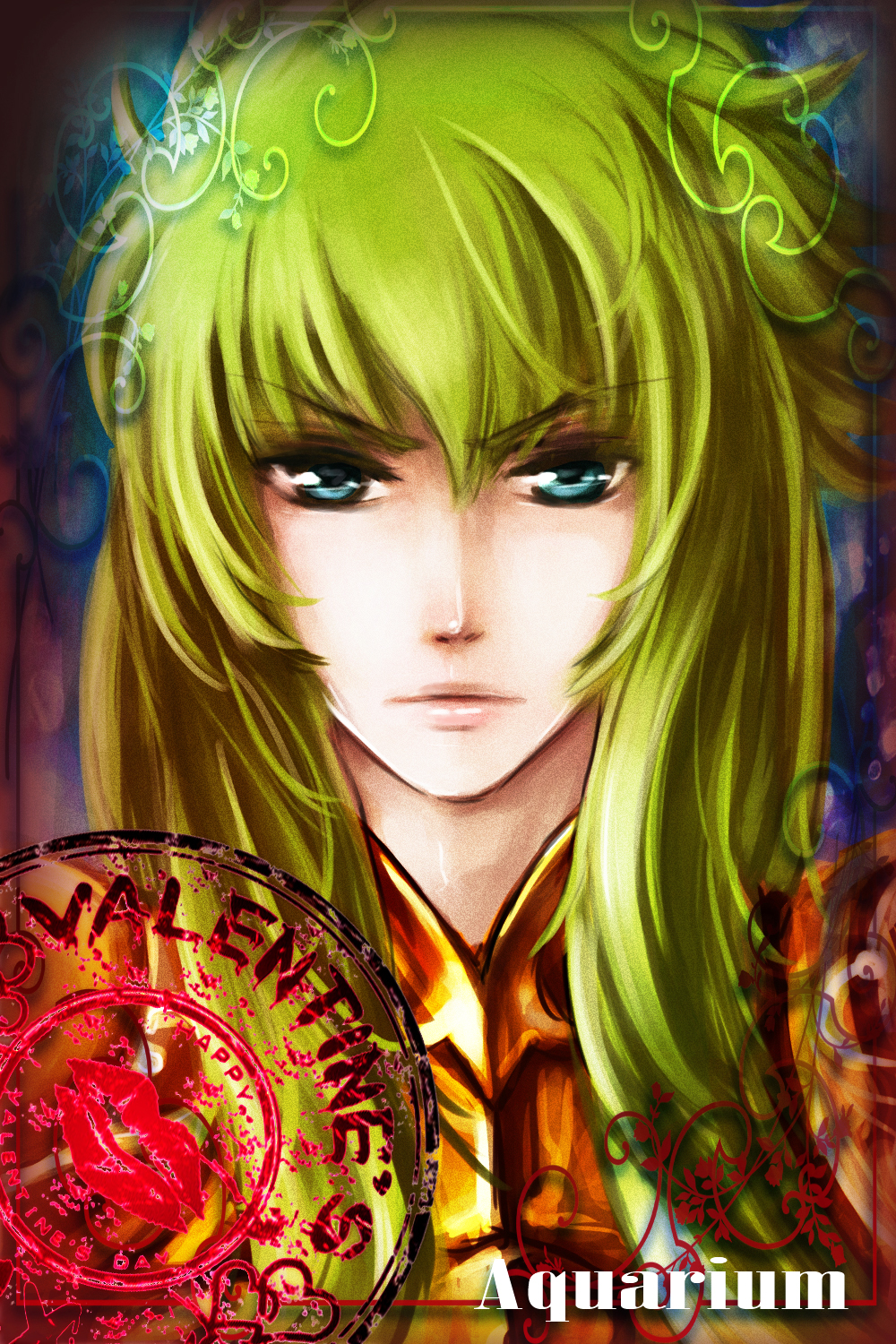 aquarius_degel, blue_eyes, green_hair, highres, lipstick, long_hair, makeup, mikoivy, saint_seiya, saint_seiya:_the_lost_canvas, serious, solo