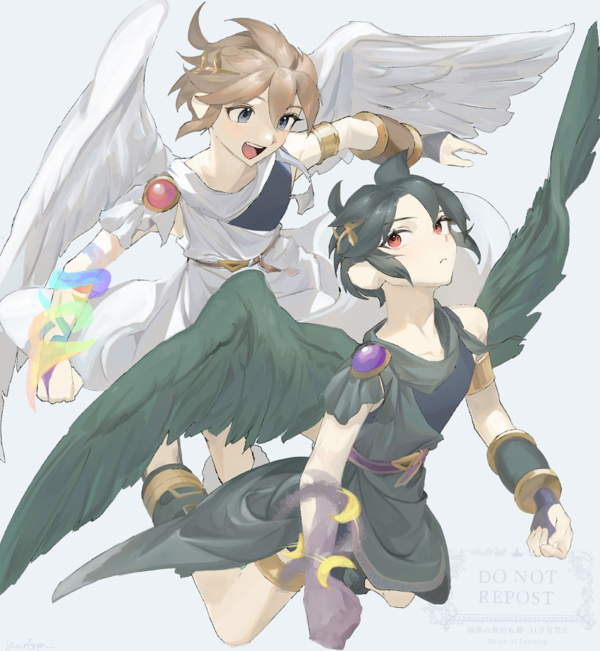 2boys, ahoge, angel, angel_wings, black_hair, blue_eyes, brown_hair, dark_pit