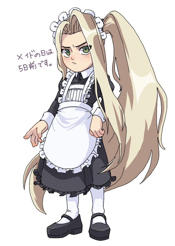 1girl, alternate_costume, apron, azcbcd, black_shoes, blonde_hair, blush, enmaided, full_body, green_eyes, kid_icarus, kid_icarus_uprising, long_hair, looking_at_viewer, maid, maid_apron, maid_headdress, ponytail, shoes, solo, standing, very_long_hair, viridi