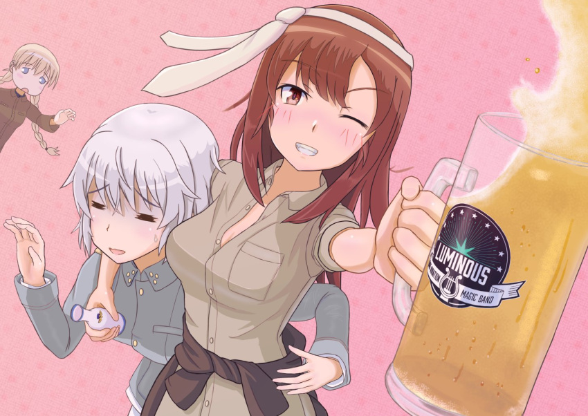 3girls, aila_paivikki_linnamaa, alcohol, beer, blonde_hair, blue_eyes, blue_jacket, braid