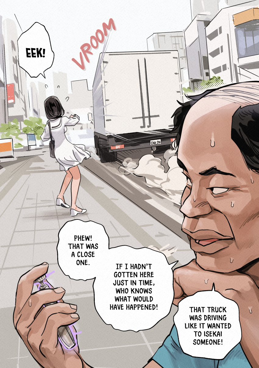 1boy, 1girl, absurdres, age_difference, bag, bald, black_hair, blue_shirt, cityscape, duc_94, english_text, flying_sweatdrops, good_end, hand_on_own_chin, head_rest, highres, holding, holding_pocket_watch, motion_lines, motor_vehicle, old, old_man, open_mouth, original, pocket_watch, sailor_collar, school_uniform, serafuku, shirt, shoes, shoulder_bag, skirt, speed_lines, sweat, truck, ugly_bastard, watch, white_sailor_collar, white_serafuku, white_shoes, white_skirt