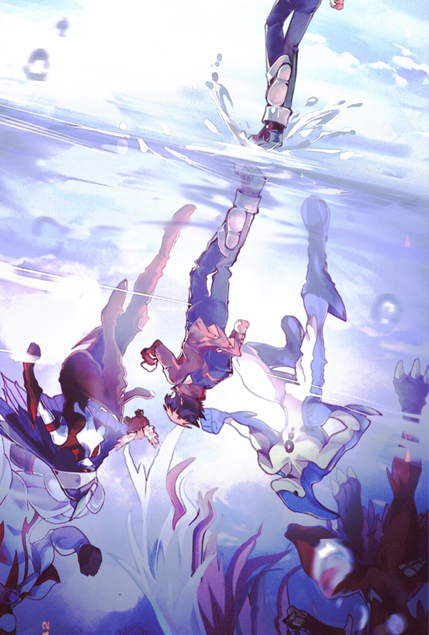 1boy, 1girl, 3others, arms_up, blue_pants, brown_hair, clouds, cloudy_sky, dappled_sunlight, different_reflection, duel_monster, elemental_hero_avian, elemental_hero_lady_heat, elemental_hero_neos, feathered_wings, floating, flying, highres, horizon, jacket, light_particles, multiple_others, neo-spacian_aqua_dolphin, ocean, open_clothes, open_jacket, outdoors, pants, pants_rolled_up, puddle, red_jacket, red_shoes, reflection, reflective_floor, reflective_surface, reflective_water, running, shoes, sky, splashing, sunlight, wind, wings, yanziswallow, yu-gi-oh!, yu-gi-oh!_gx, yuki_judai