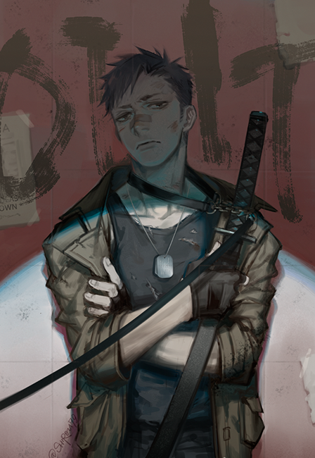 1boy, against_wall, black_eyes, black_gloves, black_hair, black_pants, blood, blood_on_face