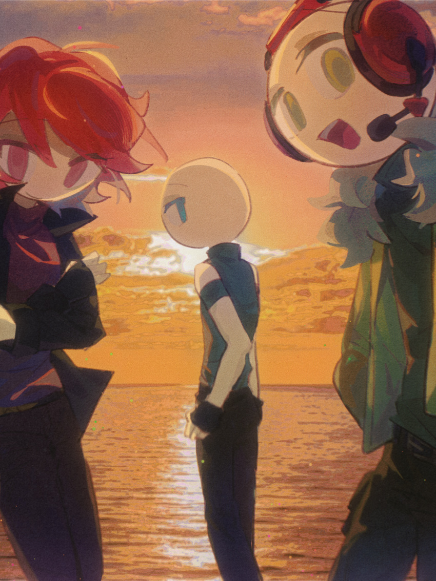 1girl, 2boys, :d, backlighting, bald, bare_shoulders, black_gloves, black_jacket