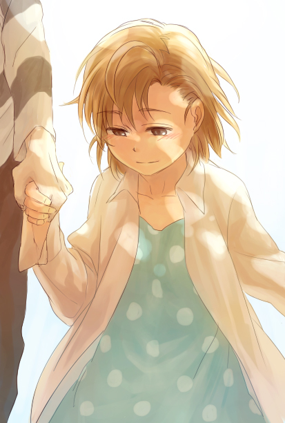 ahoge, bad_id, brown_eyes, brown_hair, chako_(pukko), dress, hand_holding, holding_hands