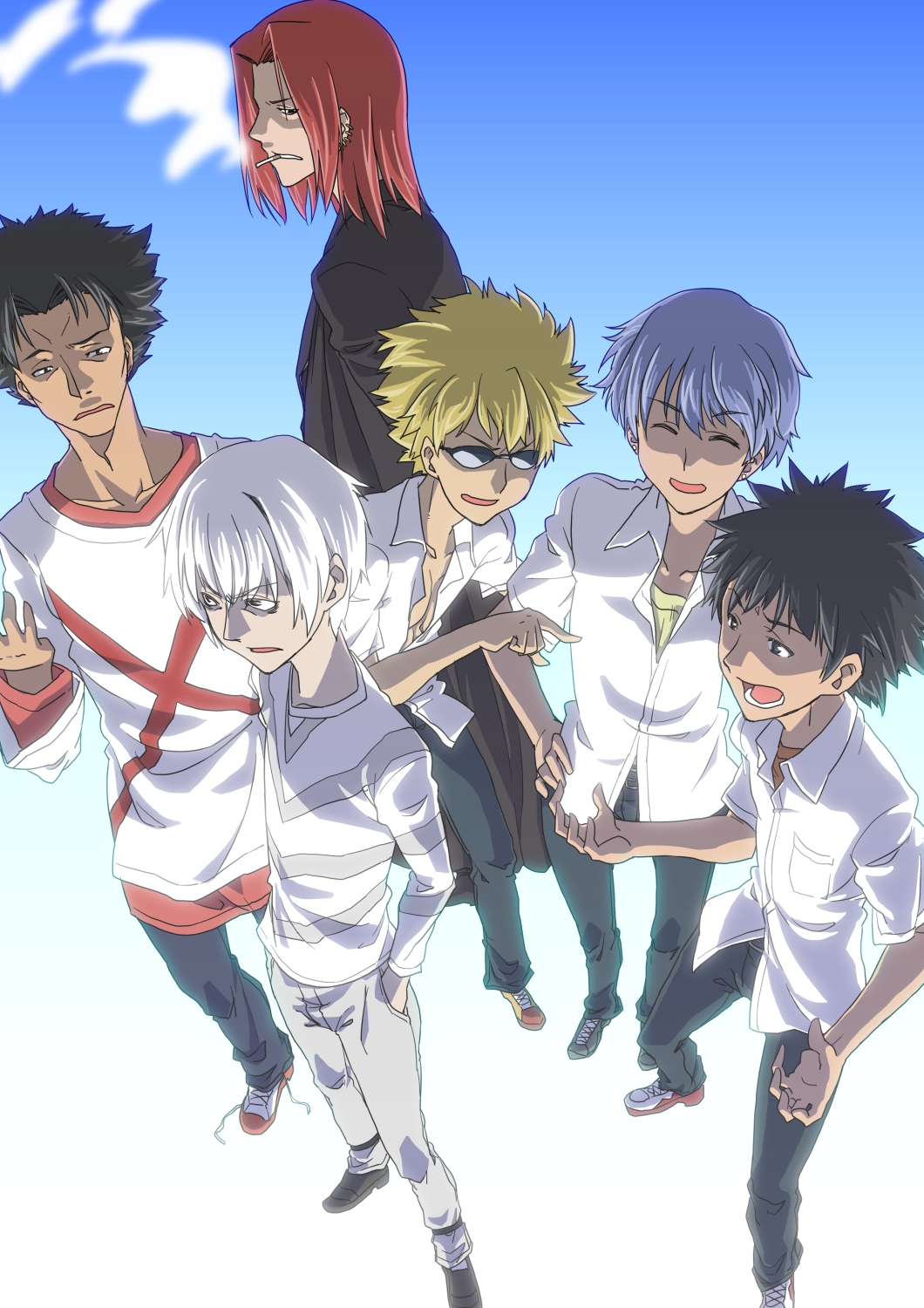accelerator, aogami_pierce, highres, kaeru_kenshi, kamijou_touma, stiyl_magnus, tatemiya_saiji, to_aru_majutsu_no_index, tsuchimikado_motoharu