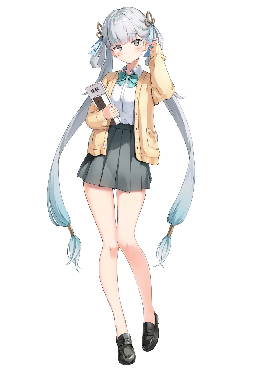 1girl, absurdres, alternate_costume, aqua_bow, aqua_bowtie, bare_legs, black_shoes, black_skirt