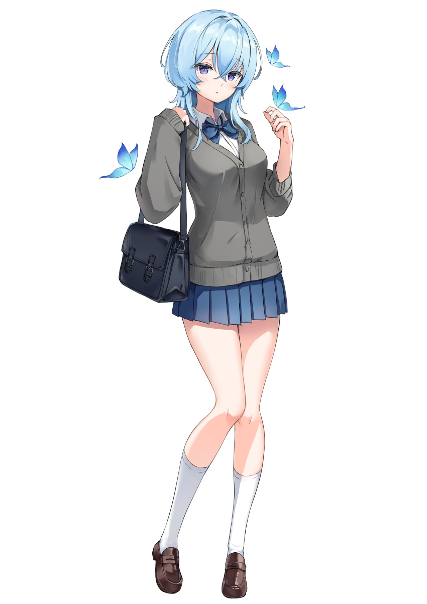 1girl, absurdres, alternate_costume, bag, blue_bow, blue_bowtie, blue_butterfly, blue_hair