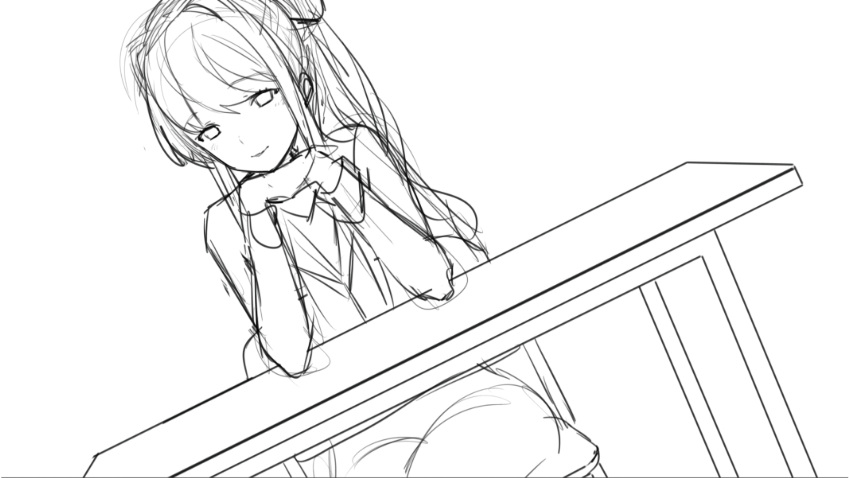 1girl, blazer, blush, bow, chair, cowboy_shot, doki_doki_literature_club, doki_doki_literature_club_plus