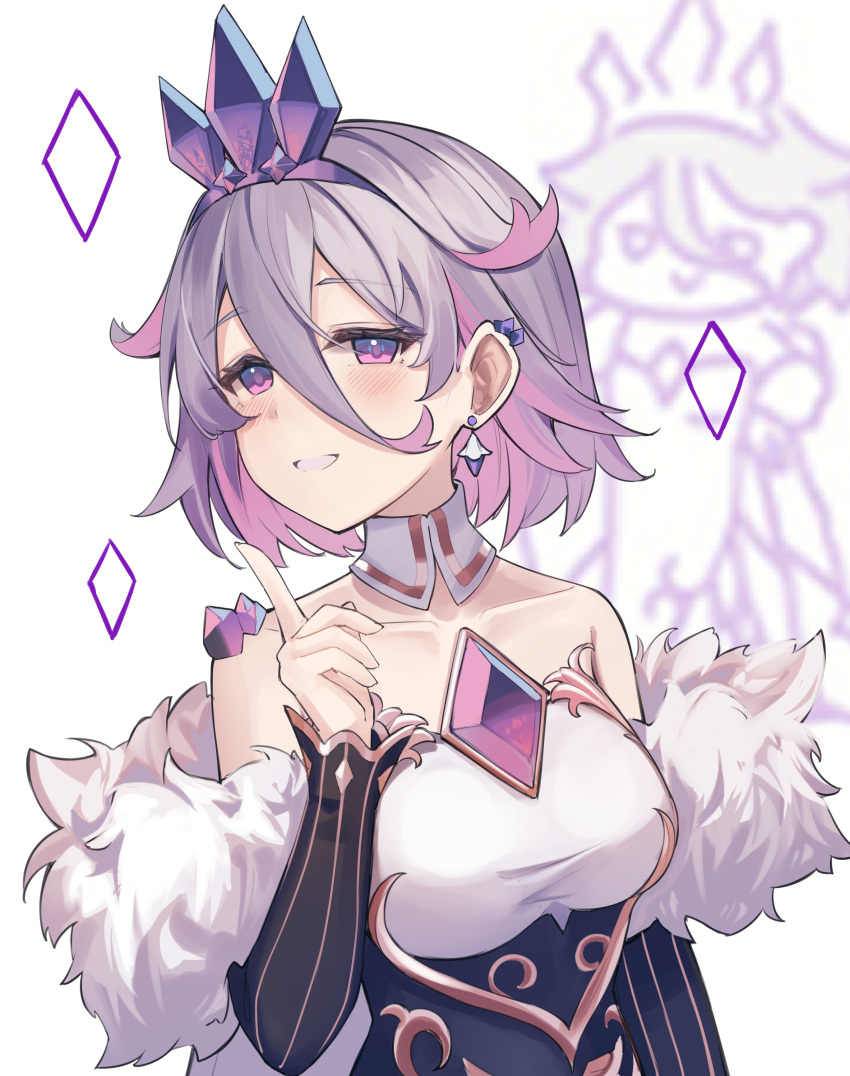 1girl, absurdres, blush, breasts, chest_jewel, colored_inner_hair, doodle_background, dress