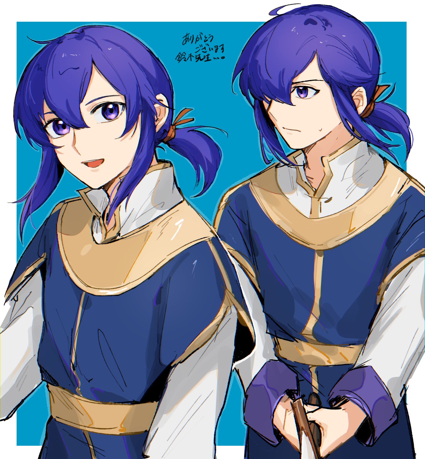1boy, :d, aged_down, alternate_costume, alternate_hair_length, alternate_hairstyle, blue_background, blue_eyes