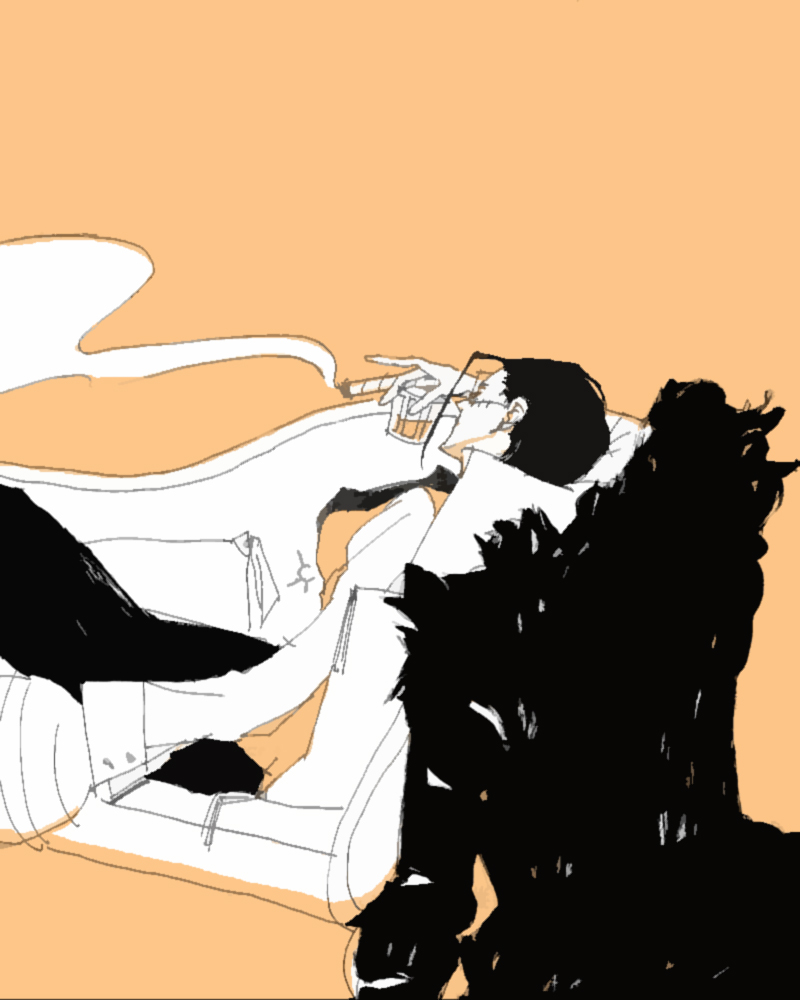 alcohol, black_hair, cigar, coat, couch, fur_coat, genderswap, hook_hand