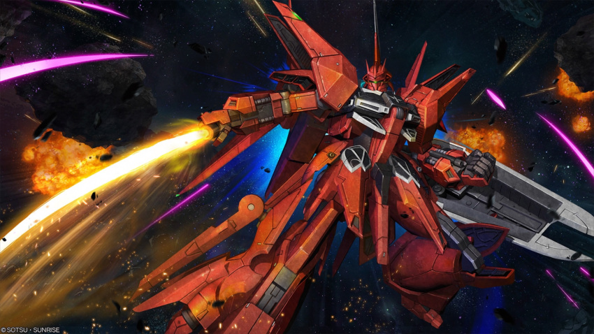 absurdres, asteroid, battle, clenched_hand, company_name, copyright_notice, debris, energy_sword, explosion, green_eyes, gundam, gundam_battle_operation_2, gundam_unicorn, highres, holding, holding_sword, holding_weapon, machinery, mecha, mecha_focus, mobile_suit, nebula, neo_zeon, no_humans, official_art, one-eyed, painting_(medium), realistic, rebawoo, robot, roundel, scan, science_fiction, shield, solo, space, star_(sky), sunrise_(company), sword, tenjin_hidetaka, traditional_media, weapon, zero_gravity