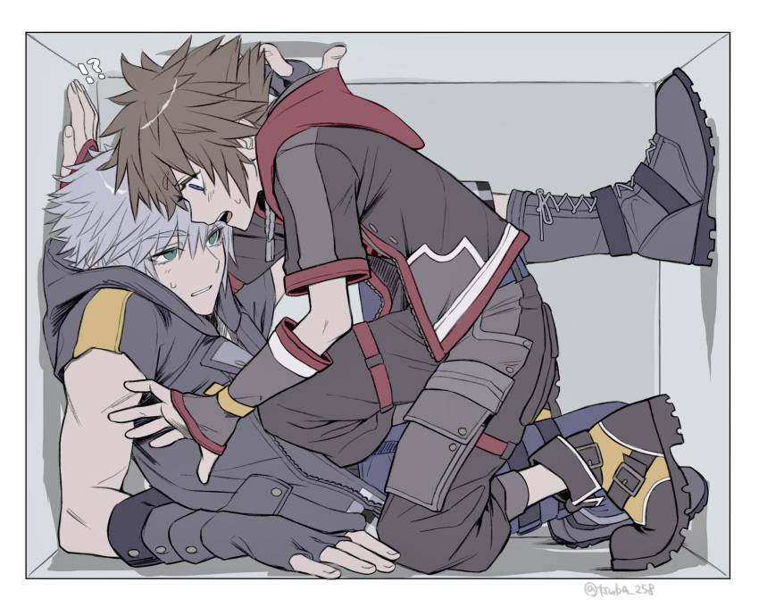 !?, 2boys, arm_up, belt, black_boots, black_gloves, black_jacket, black_pants