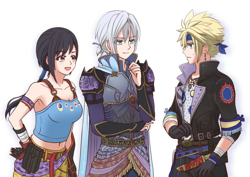 1girl, 2boys, arm_strap, armpit_crease, asami_yutori, bare_shoulders, black_gloves, black_hair