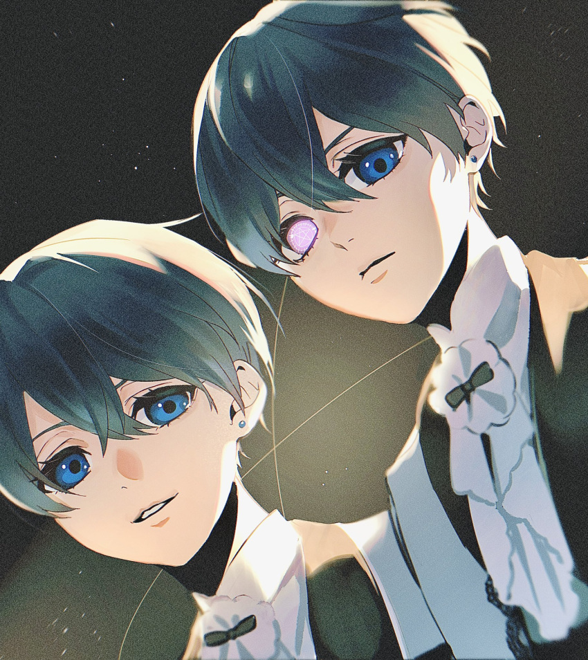 2boys, blue_eyes, blue_hair, brothers, ciel_phantomhive, ciel_phantomhive's_brother, closed_mouth, crossed_bangs