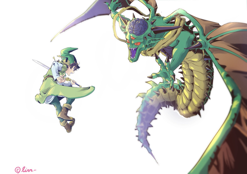 2boys, artist_name, bat_wings, black_hair, black_horns, blurry, boots, brown_boots