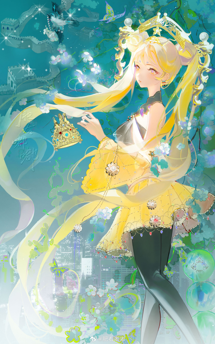 1girl, absurdly_long_hair, absurdres, bare_shoulders, black_collar, black_pantyhose, black_shirt, blonde_hair