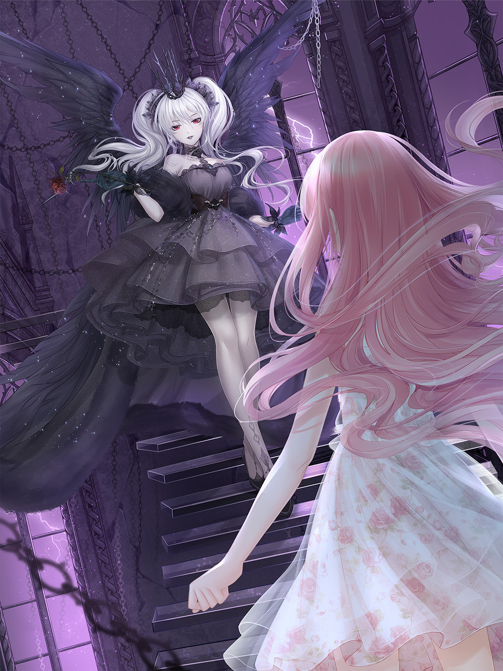 2girls, angel_wings, artist_request, bare_arms, bare_legs, bare_shoulders, black_collar, black_crown