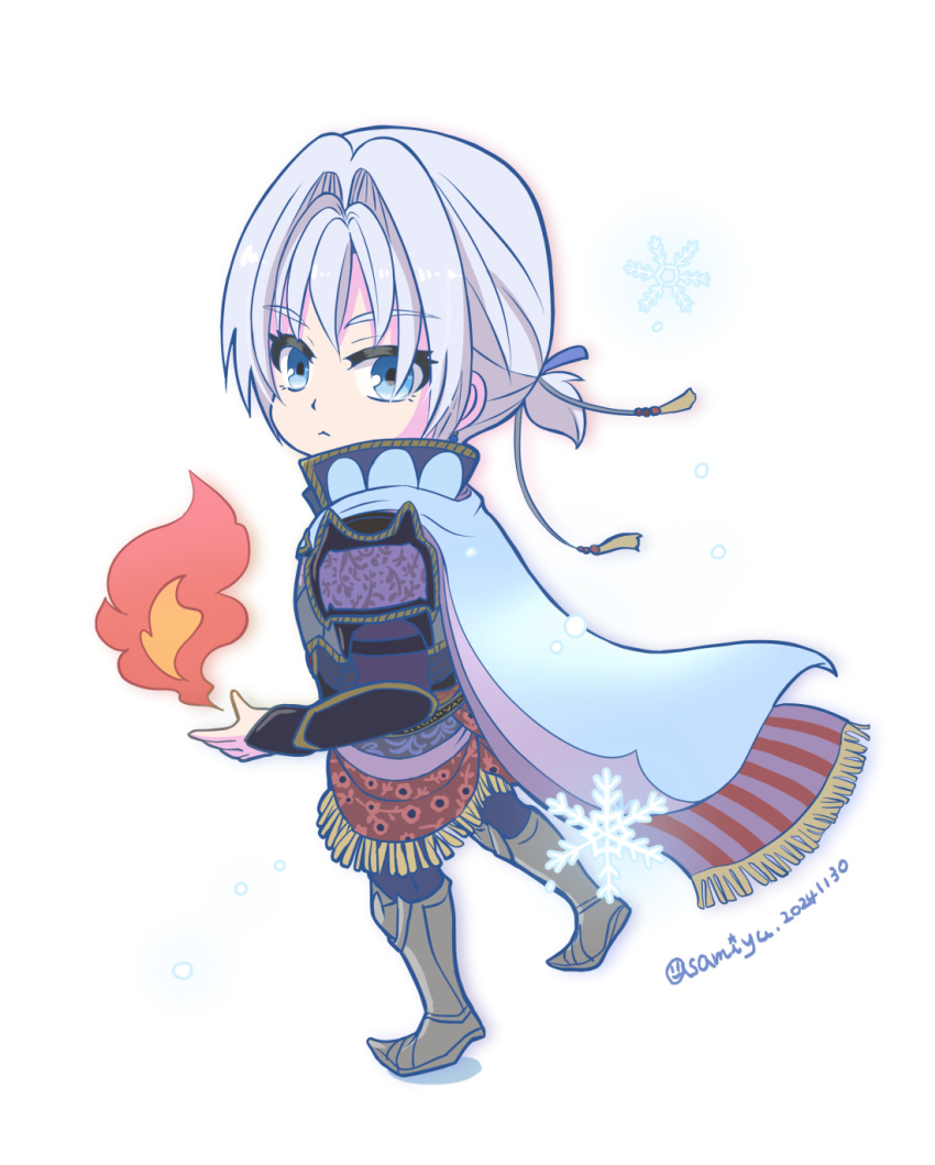 1boy, asami_yutori, blue_cape, blue_eyes, boots, cape, closed_mouth, commentary_request