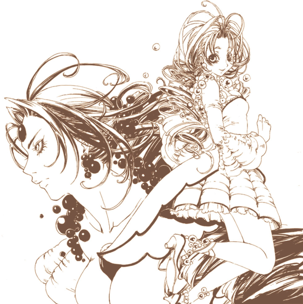blackpearl, character_request, drill_hair, dual_persona, lady_pearl, legend_of_mana, long_hair, monochrome