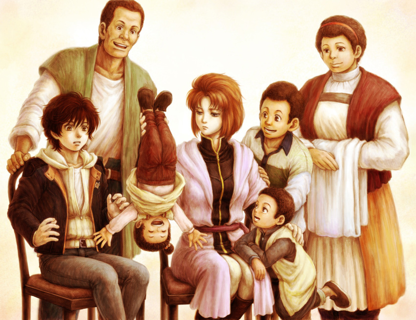 4boys, banagher_links, boots, brown_eyes, brown_hair, character_request, collarbone, dress, family, flat_gaze, gilboa_sant, gundam, gundam_unicorn, hairband, hand_on_back, jacket, marida_kruz, multiple_boys, multiple_girls, open_mouth, orange_hair, satou_toshio_(suisuisuisui), sepia, shoes, short_hair, simple_background, sitting, smile, suisuisuisui, surprised, tikva_sant, upside-down