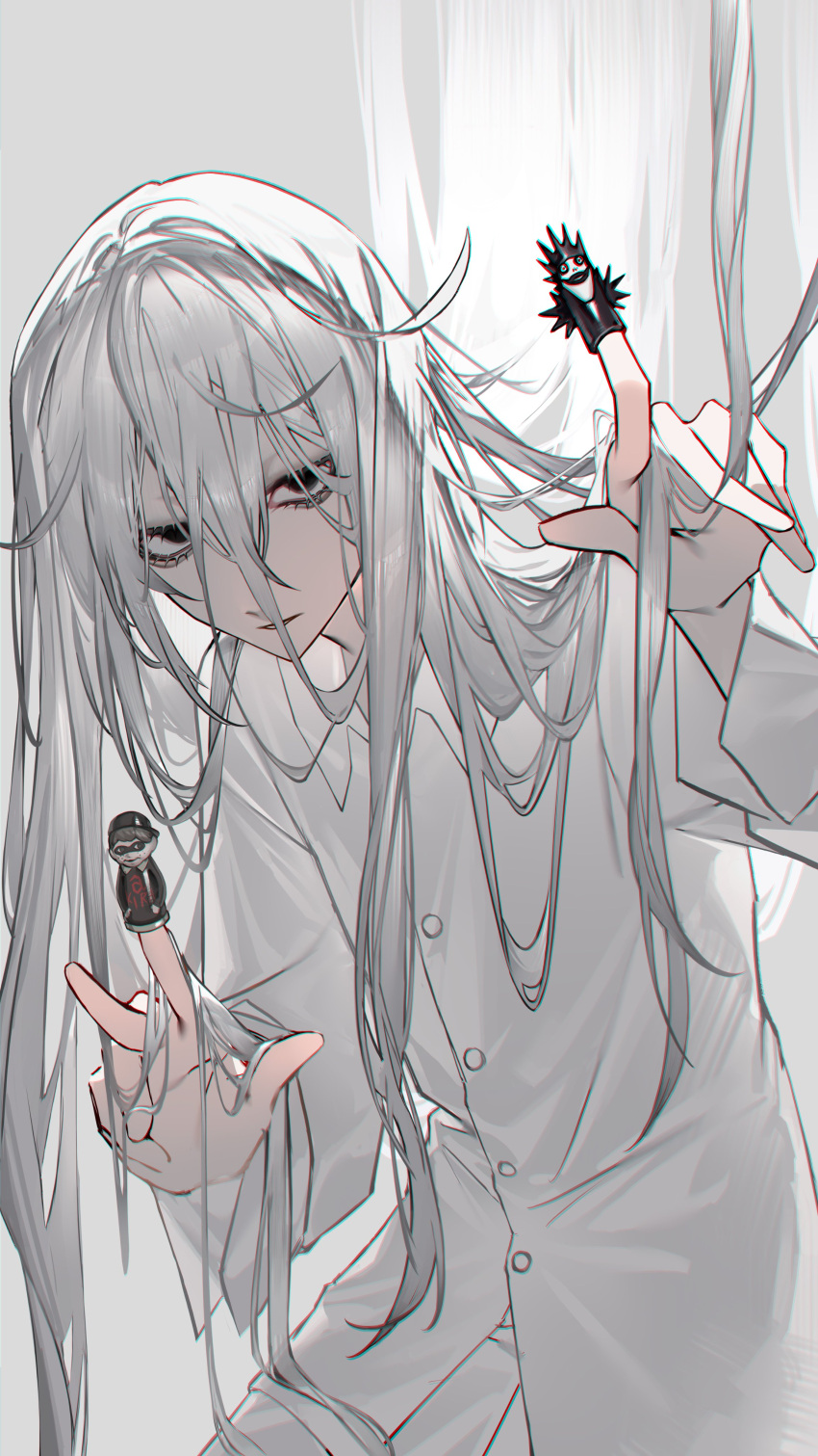 1boy, absurdres, alternate_hairstyle, black_eyes, collared_shirt, death_note, empty_eyes, grey_hair