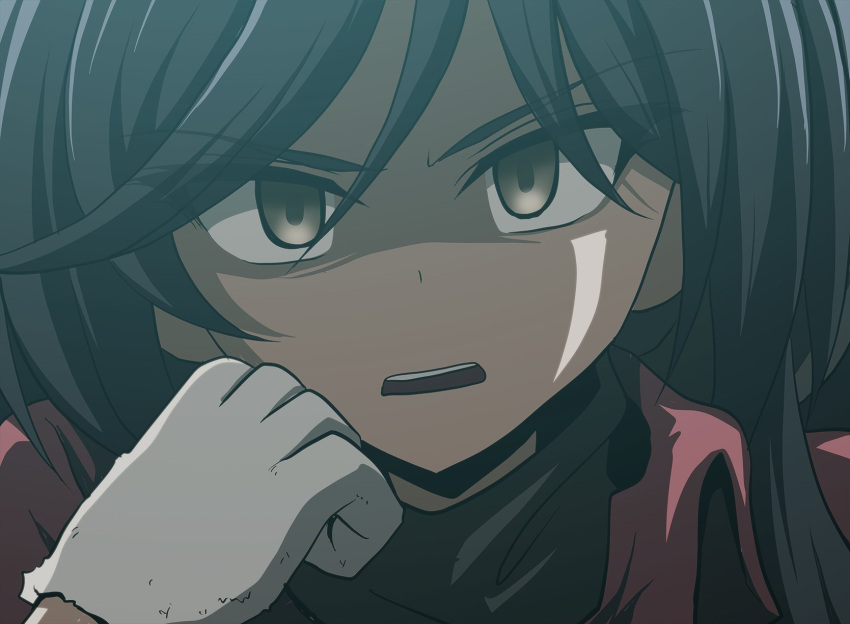 1girl, bandana, belle_(girls_und_panzer), black_bandana, black_eyes, black_hair, close-up, don't_look_down_on_central_(meme)