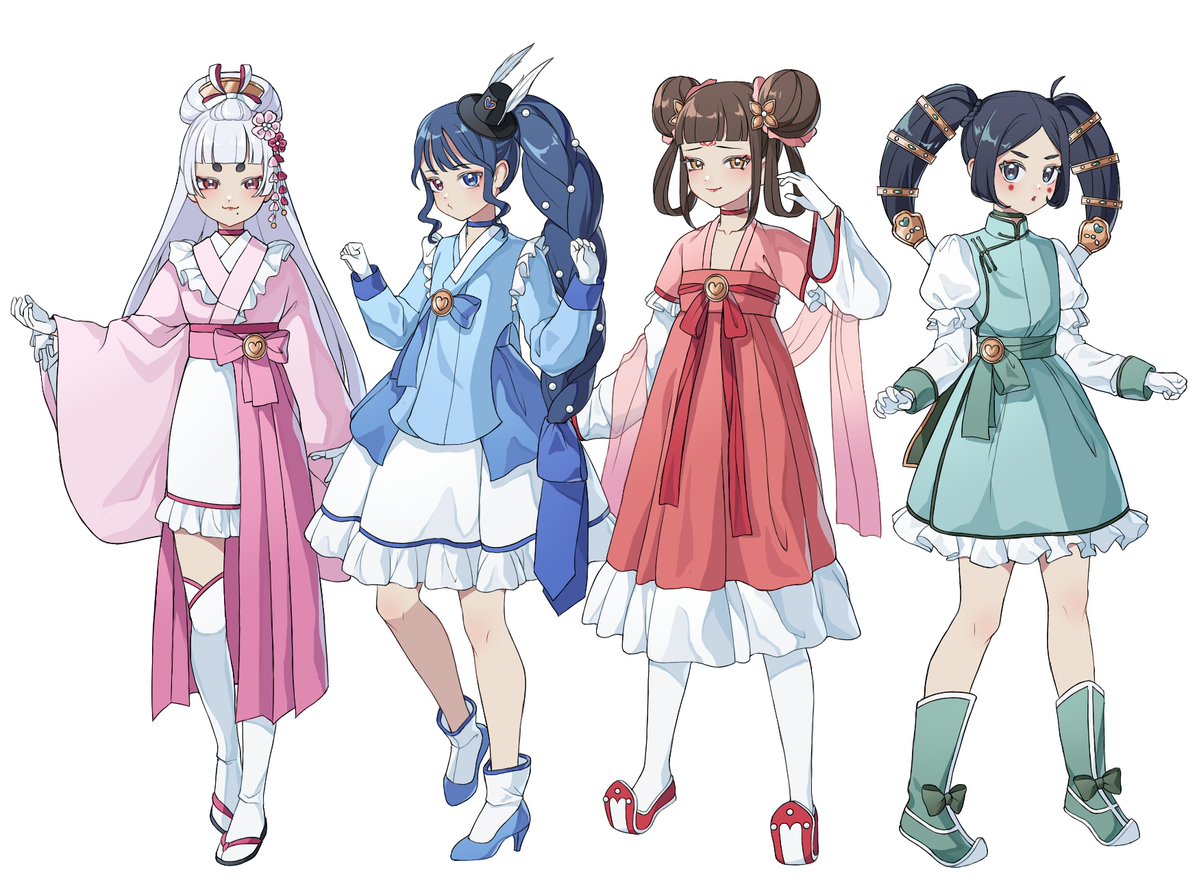 4girls, blue_dress, blue_eyes, blue_hair, bow, braid, brown_hair, china_(kuroussa), chinese_clothes, choker, dress, flower, gloves, green_dress, green_eyes, hair_bun, hair_flower, hair_jewelry, hair_ornament, hair_rings, hanbok, hat, high_heels, japan_(kuroussa), japanese_clothes, jewelry, juliet_sleeves, kimono, korean_clothes, kuroussa, long_hair, long_sleeves, looking_at_viewer, magical_girl, mole, mole_under_mouth, mongolia_(kuroussa), mongolian_clothes, mongolian_spot, multiple_girls, original, personification, pink_dress, puffy_sleeves, red_dress, red_eyes, short_eyebrows, simple_background, smile, south_korea_(kuroussa), thigh-highs, very_long_hair, white_background, white_gloves, white_hair, white_thighhighs, yellow_eyes