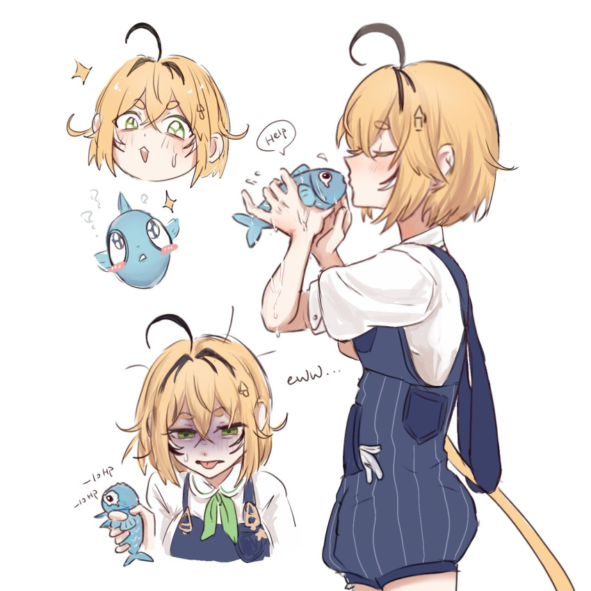 1girl, ?, ahoge, animal, animalization, blonde_hair, blush_stickers, brown_hair, chinese_commentary, commentary_request, damage_numbers, disgust, dooby_(vtuber), english_text, fish, green_eyes, hair_between_eyes, happy_(yppah1060), highres, holding, holding_animal, holding_fish, indie_virtual_youtuber, kiss, multicolored_hair, multiple_views, overall_shorts, overalls, senzawa, short_hair, simple_background, sparkle, speech_bubble, tail, tongue, tongue_out, turn_pale, two-tone_hair, virtual_youtuber, white_background