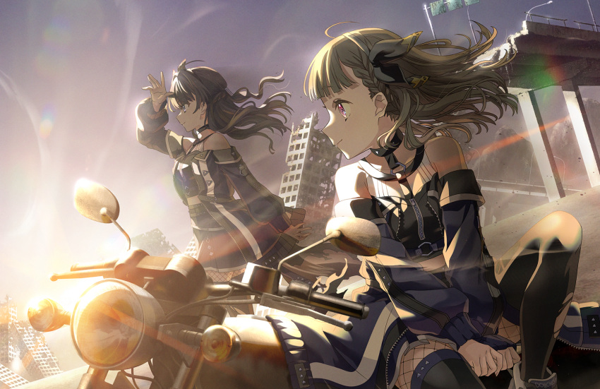 2girls, ampere_(love_live!), arm_up, bare_shoulders, black_choker, black_hair, black_hairband, black_thighhighs