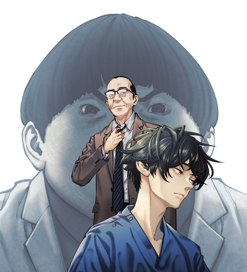 3boys, adjusting_clothes, adjusting_necktie, balding, black-framed_eyewear, black_hair, black_necktie, bowl_cut, brown_jacket, closed_mouth, collared_shirt, commentary_request, cover_image, diagonal-striped_clothes, diagonal-striped_necktie, glasses, highres, igarashi_iori, jacket, long_sleeves, male_focus, mature_male, medical_scrubs, mori_taishi, multiple_boys, necktie, over-rim_eyewear, radiation_house, semi-rimless_eyewear, shirt, short_hair, striped_clothes, suit_jacket, white_background, white_shirt