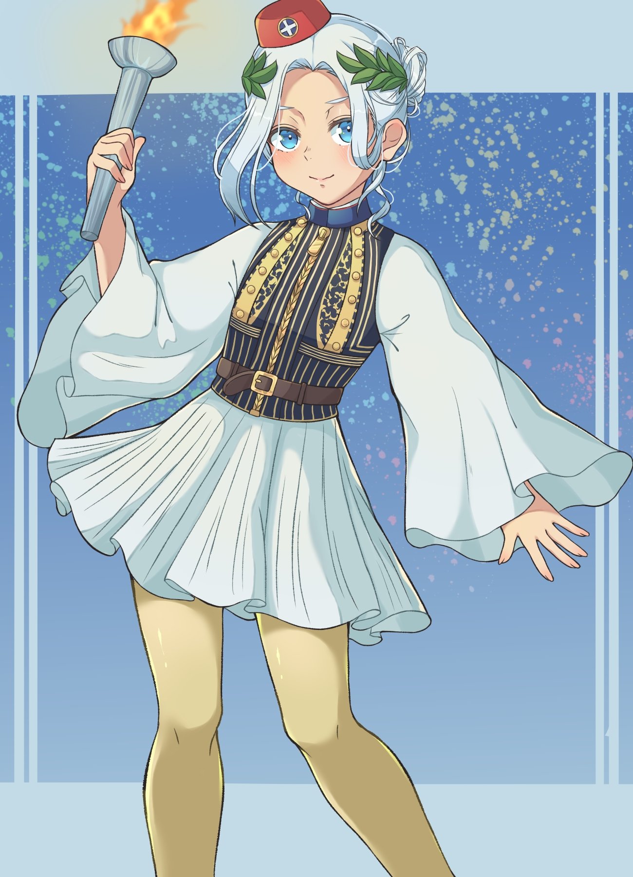 1girl, asymmetrical_bangs, belt, blue_eyes, breasts, cross, dress, greece