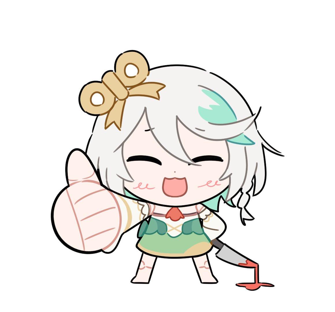 1girl, :3, :d, arm_behind_back, ascot, blood, blood_on_knife, cecilia_immergreen
