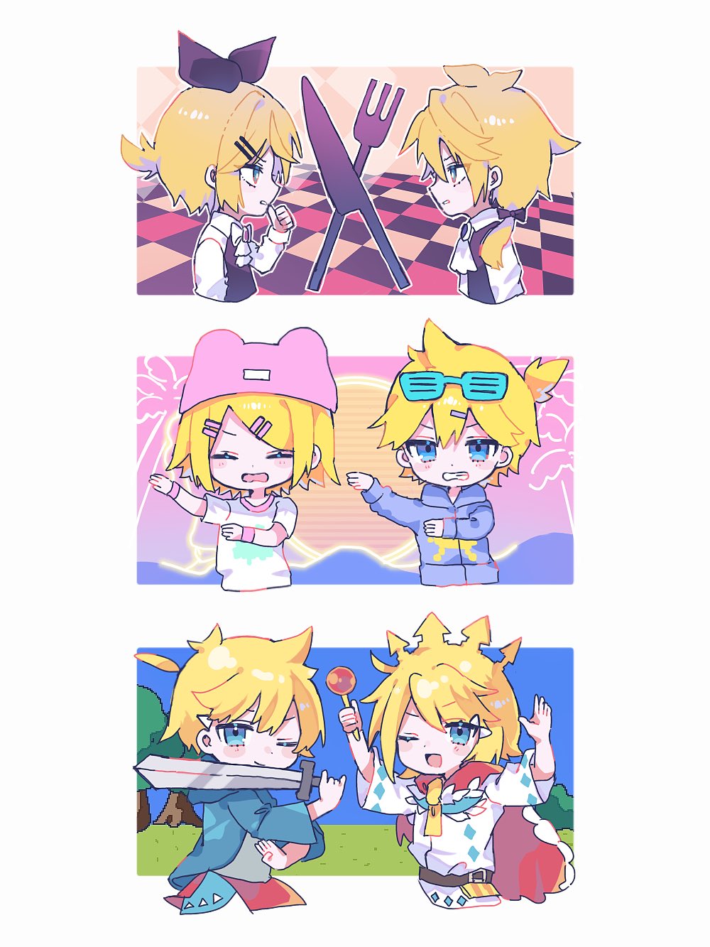3boys, 3girls, ;), ;d, antenna_hair, aqua-framed_eyewear, ascot, beanie, black_bow, black_vest, blonde_hair, blue_eyes, blue_sky, bouken_no_sho_ga_kiemashita!_(vocaloid), bow, bright_pupils, brother_and_sister, cape, checkered_background, clenched_teeth, closed_eyes, collared_shirt, commentary, cropped_torso, crown, dancing, double-parted_bangs, eye_contact, eyewear_on_head, face-to-face, fork, fur-trimmed_cape, fur_trim, grass, hair_between_eyes, hair_bow, hat, highres, hiro_0607, holding, holding_sword, holding_weapon, hood, hood_down, hooded_jacket, i_(neru), i~ya_i~ya_i~ya_(vocaloid), jacket, kagamine_len, kagamine_rin, knife, long_sleeves, looking_at_another, looking_at_viewer, multiple_boys, multiple_girls, okochama_sensou_(vocaloid), one_eye_closed, open_mouth, outdoors, pink_hat, ponytail, profile, purple_jacket, red_cape, shirt, short_hair, short_ponytail, short_sleeves, siblings, sky, smile, swept_bangs, sword, teeth, thumb_to_mouth, tongue, tree, v-shaped_eyebrows, vaporwave, vest, vocaloid, weapon, white_ascot, white_pupils, white_shirt, yaya_(neru)