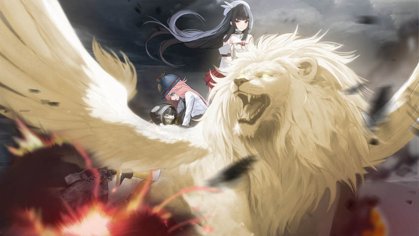 3girls, animal, azur_lane, black_hair, clouds, dark_clouds, explosion, fang