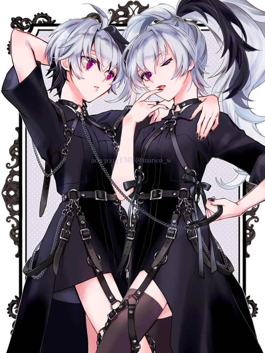 bad_link, belt, black_bow, black_dress, black_hair, black_thighhighs, bow, chain, dress, emu_(marico_w), flower_(vocaloid), flower_(vocaloid3), flower_(vocaloid4), garter_straps, highres, holding, holding_leash, leash, leather, multiple_girls, thigh-highs, violet_eyes, vocaloid, white_hair, yuri