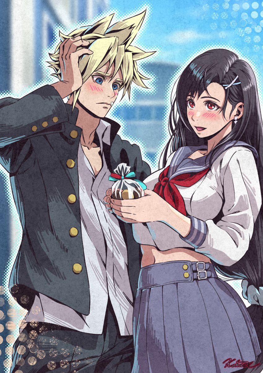 1boy, 1girl, absurdres, bandaid, bandaid_on_cheek, bandaid_on_face, black_hair, black_jacket, black_pants, blonde_hair, blue_eyes, blue_sailor_collar, blue_scrunchie, blue_skirt, blue_sky, blurry, blurry_background, blush, closed_mouth, cloud_strife, cloud_strife_(midgard_seventh_high_school), collarbone, collared_shirt, commentary_request, cookie, cowboy_shot, crop_top, cropped_shirt, earrings, final_fantasy, final_fantasy_vii, final_fantasy_vii_ever_crisis, food, gakuran, hair_behind_ear, hair_ornament, hair_scrunchie, hairclip, hand_on_own_head, highres, holding, holding_food, jacket, jewelry, kanaex001, long_hair, long_sleeves, looking_at_another, low-tied_long_hair, midriff, midriff_peek, navel, neckerchief, official_alternate_costume, open_clothes, open_jacket, open_mouth, outdoors, pants, pleated_skirt, red_eyes, red_neckerchief, ribbon, sailor_collar, school, school_uniform, scrunchie, serafuku, shirt, short_hair, skirt, sky, spiky_hair, tifa_lockhart, tifa_lockhart_(midgard_seventh_high_school), very_long_hair, white_shirt