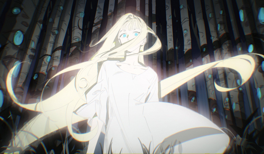 1girl, blonde_hair, blue_eyes, chuckchuck, collarbone, dress, floating_hair, glowing, hair_over_mouth, highres, long_hair, long_sleeves, looking_at_viewer, original, solo, upper_body, very_long_hair, white_dress