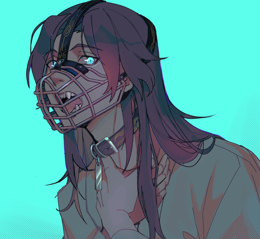1boy, aqua_background, aqua_eyes, brown_hair, chinese_clothes, collar, english_commentary, fangs