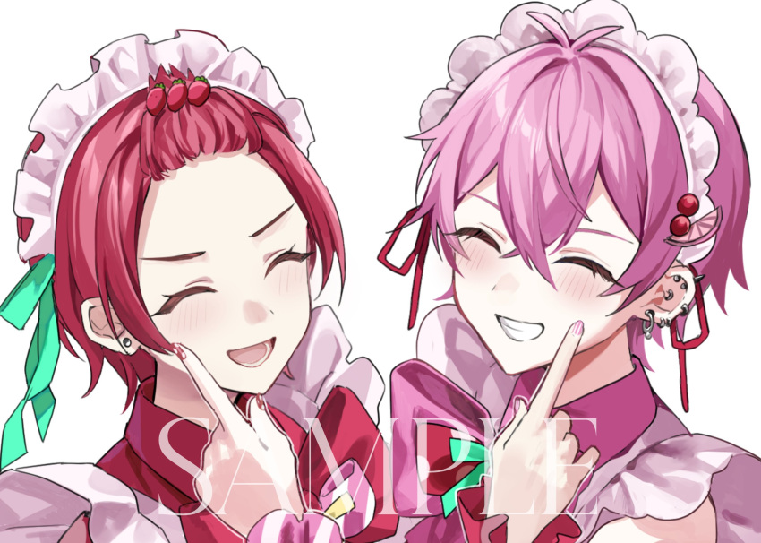 2boys, apron, blush, bow, check_commentary, close-up, closed_eyes, commentary_request