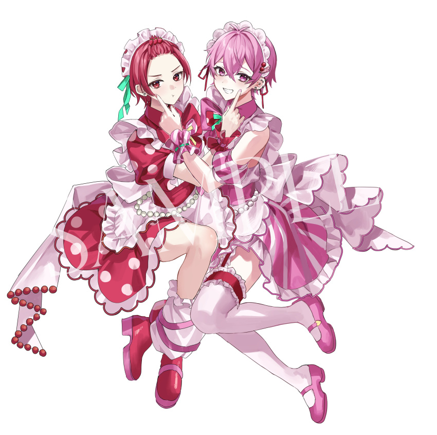 2boys, absurdres, apron, blush, bow, check_commentary, commentary_request, crossdressing