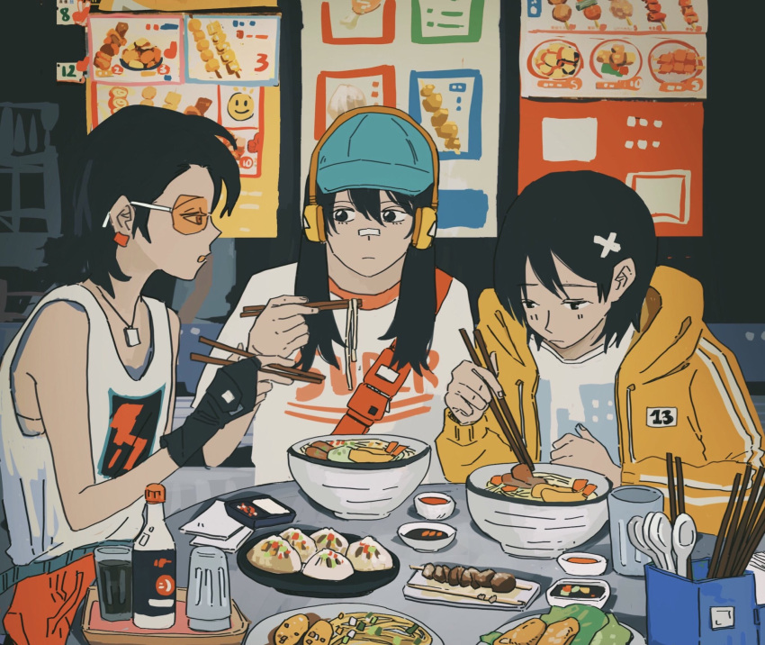 3girls, bandaid, bandaid_on_face, bandaid_on_nose, black_gloves, black_hair, blue_hat, bottle