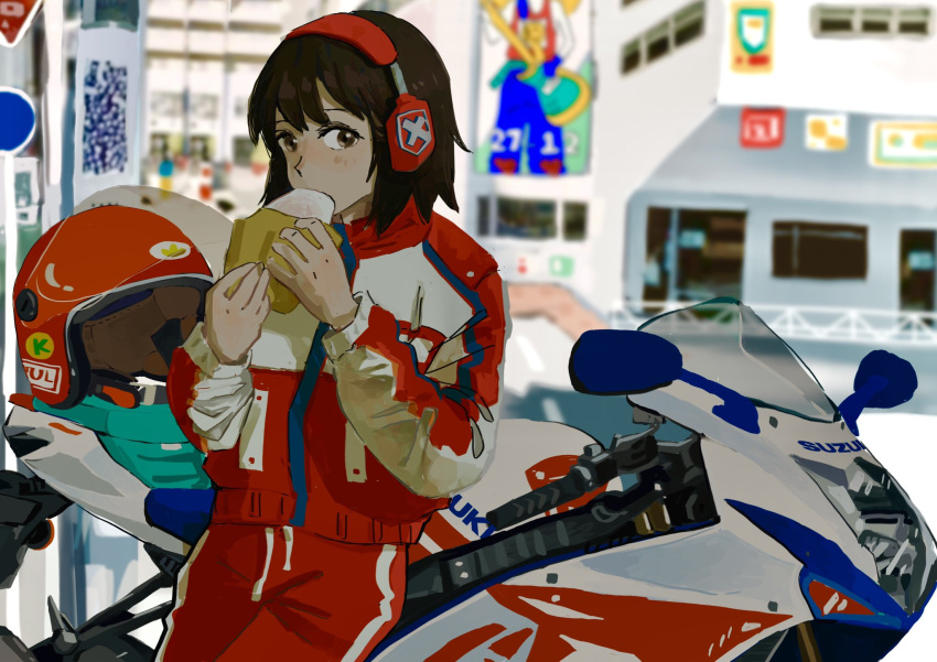1girl, brown_eyes, brown_hair, commentary, eating, food, headphones, helmet