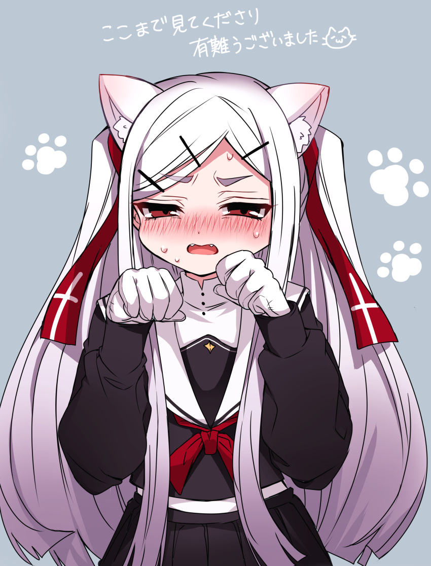 1girl, absurdres, animal_ears, black_serafuku, black_shirt, black_skirt, blush, cat_ears